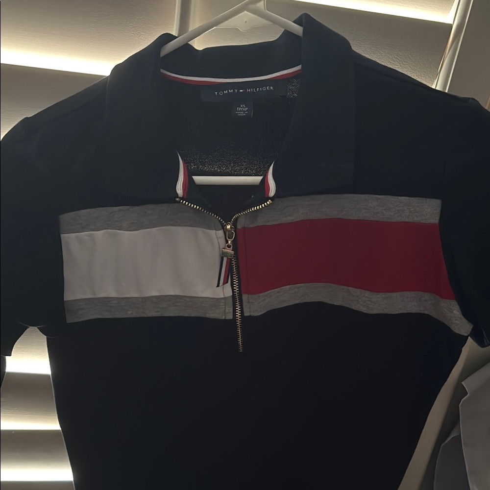 Tommy Hilfiger Black Polo Shirt with Red and White Stripes